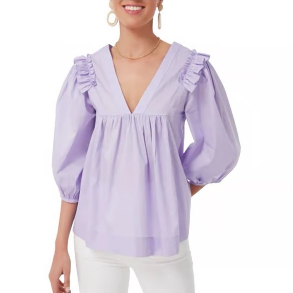 Harshman Lilac V-Neck Blouse with Ruffle Accents